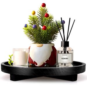 Black Wooden Decorative Tray for Home Decor Sink Vanity Trays Bathroom Accessories Perfume Soap Trays Countertop Wood Riser for Kitchen Counter Candle Pedestal Stand Round Coffee Table Tray