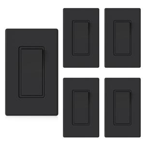 ELEGRP Matte Black 3 Way Decorative Light Switch with Plate, 15Amp, 120-277 Volt, AC Rocker Paddle Wall Switch Replacement, Self-Grounding, Residential Grade, w/Wall Plate, UL Listed (5 Pack)