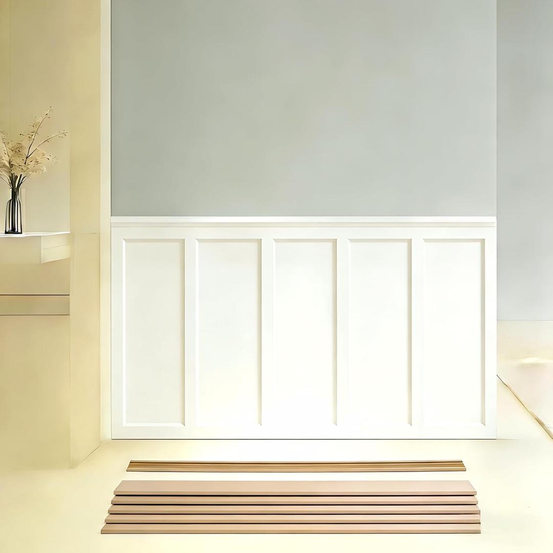 1 Set 94.5 in x 54 in MDF Board and Batten, Paintable Wainscoting Kit,Molding Trim Slat with Edge StripPremade Accent Wall Panel for DIY Kitchen Bedroom Living Room Home Decor Covers (94.5 x 54 Inch)