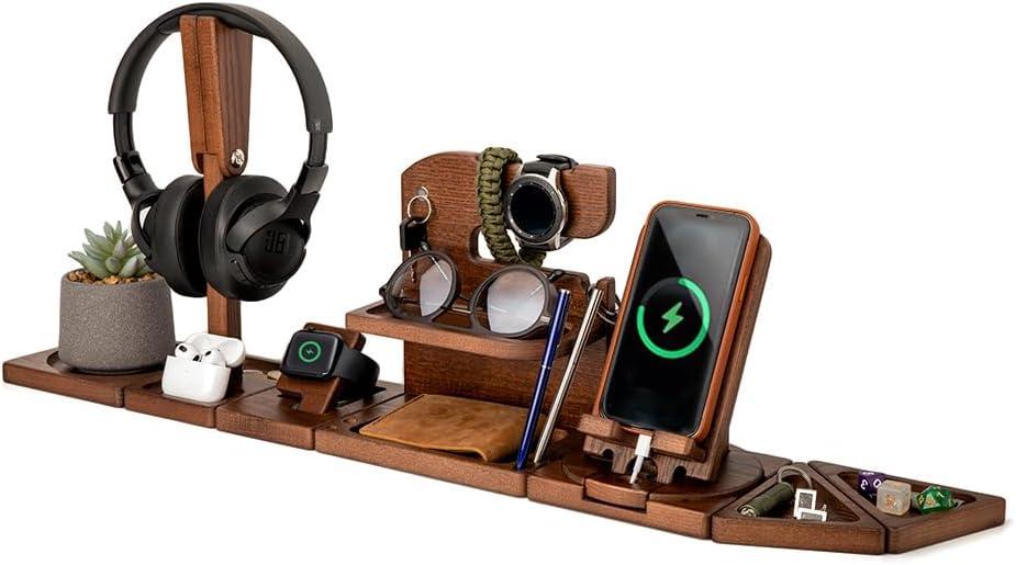 TESLYAR Gifts for Men Multifunctional Modular Wooden Desk Organizer Wood Phone Docking Station Xmas Gifts for Dad Husband Anniversary Nightstand Key Holder Wallet Stand Compatible with iWatch AirPods