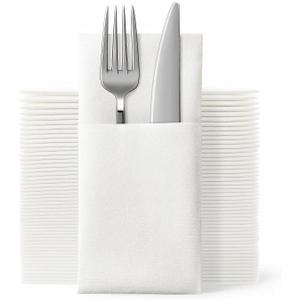 JEBBLAS Disposable Cloth Like Napkins, Built-in Flatware Pocket, Wedding Party Linen Feel White Napkin, Prefolded for Silverware,150 Count (150 Pack)