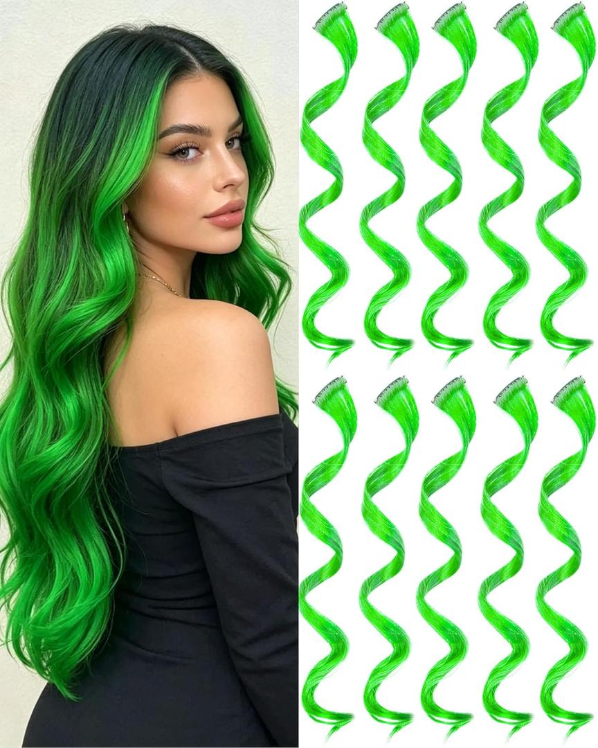 10 PCS Green Hair Extensions, Curly Wavy Synthetic Hairpieces Clip in Rainbow Neon Party Highlights, Colorful Hair Accessories for Women 17 Inch