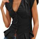 Cicy Bell Womens Deep V Neck Vest Tops Cap Sleeve Cropped Ruffle Shirts Button Up Cotton Fitted Blouse Medium