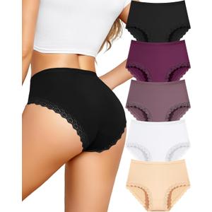 UNDER THE SEA Cotton Underwear for Women Sexy Lace Bikini Panties High Waisted Plus Size Women's Cheeky Panty 5 Pack S-XXL (Black*1, Red*1 Khaki*1 White*1 Apricot*1)