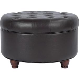 Homepop Home Decor | Button Tufted Faux Leather Round Storage Ottoman | Ottoman with Storage for Living Room & Bedroom (Distressed Brown), 25"D x 25"W x 15"H