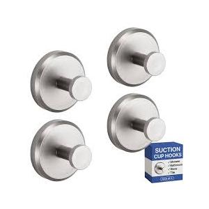 HOME SO Suction Cup Hooks for Shower, Bathroom, Kitchen, Glass Door, Mirror, Tile – Loofah, Towel, Coat, Bath Robe Hook Holder for Hanging up to 15 lbs – Polished Matte Chrome, Brushed Nickel (4-pack)