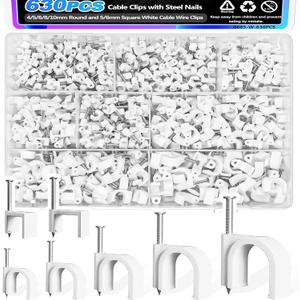 mxuteuk 630PCS Cable Clips with Steel Nails,4/5/6/8/10mm Round and 5/6mm Square White Cable Wire Clips,Wall Clips for Cords,Cable Cord Clips for RG6 RG59 CAT6 RJ45
