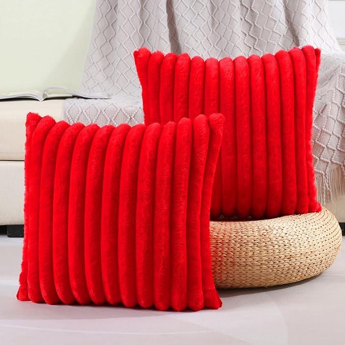 FUTEI Striped Decorative Throw Pillow Covers 18x18 Inch Set of 2,Square Spring Decorations Couch Pillow Case,Soft Cozy Faux Rabbit Fur & Velvet Back,Modern Home Decor for Bed