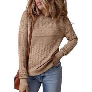 SHEWIN Fall Sweaters for Women Casual Crewneck Long Sleeve Crochet Pullover Tops Sweater (Beige, XXL)