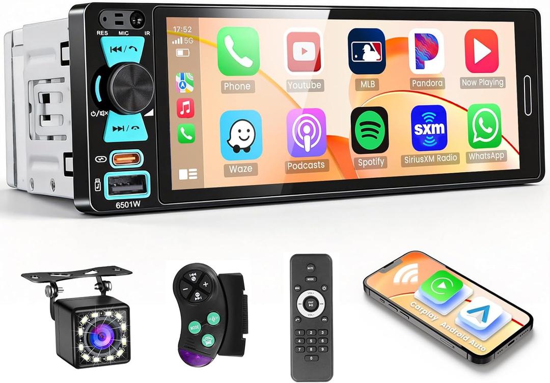 Single DIN Car Radio with Bluetooth Connection, 1 DIN Car Stereo Wireless Apple CarPlay with 6.5" HD in-Cell Touch Screen, FM/AM/RDS, USB + Type-C Ports, Remote Control, SWC, Backup Camera