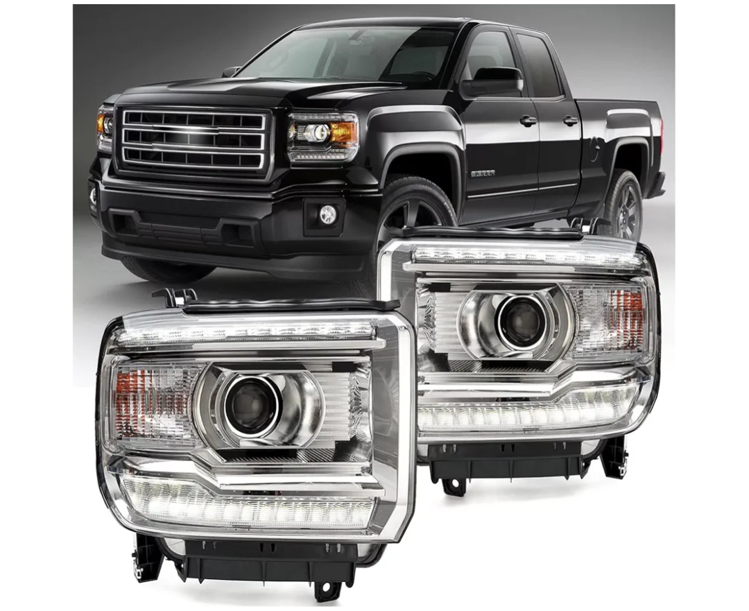 Headlight Assembly for 2014-2018 GMC Sierra 1500, 15-19 GMC Sierra 2500HD 3500HD Head Lights Headlamp Halogen w/LED DRL Chrome Hosuing Clear For 2014 2015 2016 2017 2018 2019