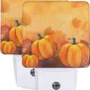 Pumpkins Maple Leaf Thanksgiving Night Light Set of 2, Fall Sunflowers Auto Sensor LED Dusk-to-Dawn Nightlights, Plug-in Sensor Lamp for Bedroom Bathroom Decorative