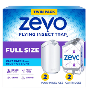 Zevo 2 Flying Insect Traps & 2 Refill Cartridges - Plug in Fly Trap & Indoor Bug Catcher for Gnats, House & Fruit Flies - Blue & UV Light Technology, Mess-Free Alternative to Bug Zapper