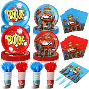 Potchen 210 Pcs Hero Party Supplies for 30 Guests Paper Plates Napkins Cups and Cutlery Red Blue Hero Themed Activity Disposable Tableware Decorations for Boys Birthday Party Baby Shower