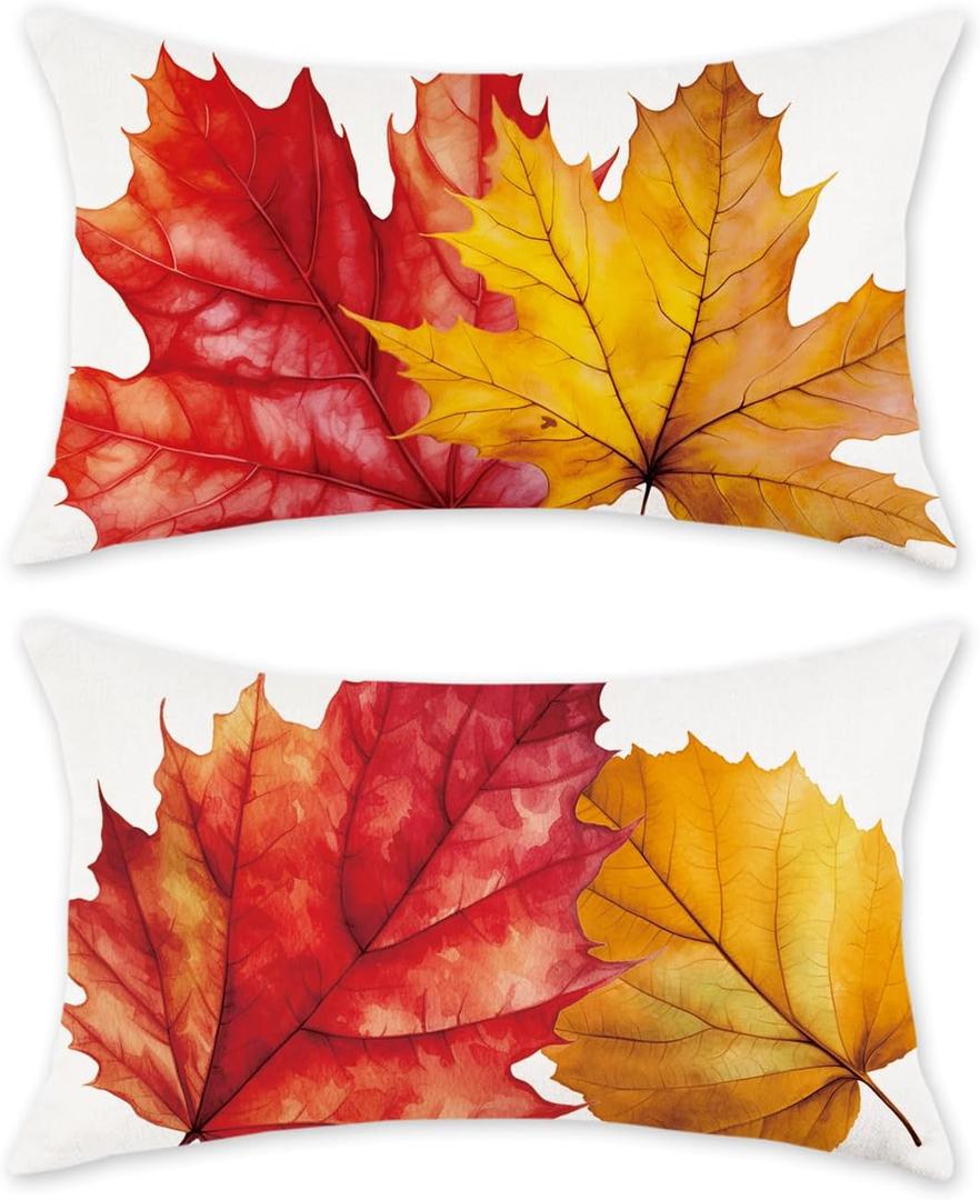 TAJWE Fall Leaves Pillow Covers 12x20 Set of 2 Autumn Farmhouse Decoration Thanksgiving Lumbar Cushion Cases for Home Sofa Couch Decor