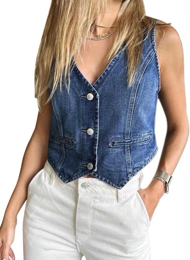 Imily Bela Womens Denim Vest Sleeveless V Neck Button Down Jean Waistcoat Jacket Y2K Summer Crop Tops (Large, Blue)