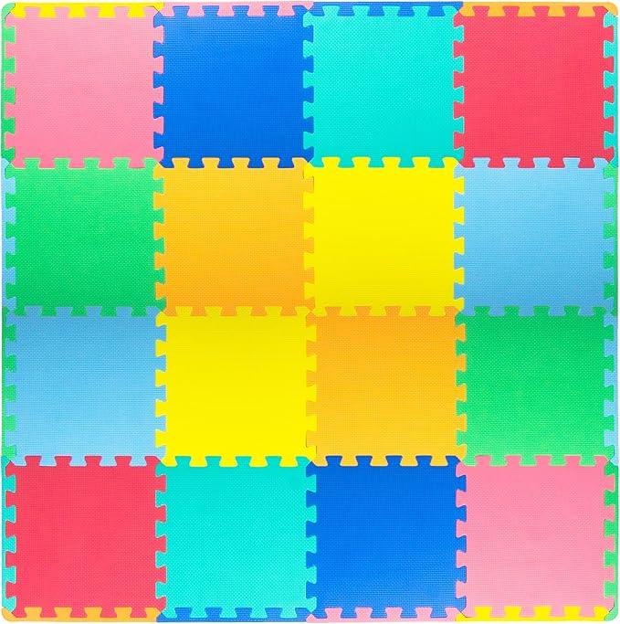 ProSource Foam Puzzle Floor Play Mat for Kids and Babies with Solid Colors, 36 or 16 Interlocking Tiles with Borders, Assorted