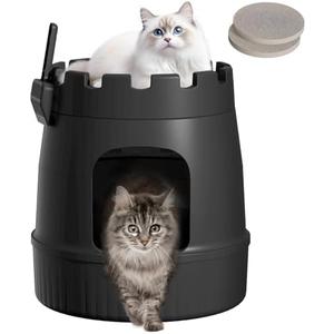 Lifewit Castle Cat Litter Box with Scratching Board & Scoop, Hidden Covered Kitty Litter Box Enclosure with Odor Control & Carbon Filter in Living Room, Bedroom, Corner, Black