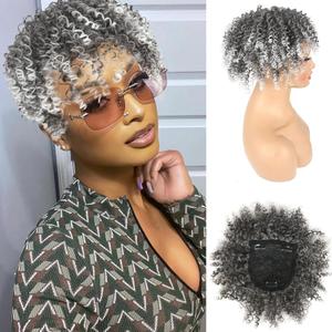 Matthia Short Afro Curly Hair Toppers for Women With Thinning Hair - Clip in Bangs, Synthetic Ombre Silver Curly Hairpieces for Women Men Wiglets Extensions (1B/Gray#)