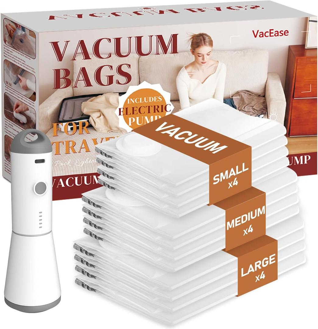 Vacbird Travel Vacuum Storage Bags with Rechargeable Cordless Pump, 12 Pack Vacuum Seal Bags for Clothing(4 Large+4 Medium+4 Small), Compression Packing for Clothes Suitcase Luggage Blanket Pillows