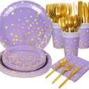Whaline 175Pcs Lavender Party Supplies Foil Gold Dots Paper Tableware Plate Napkin Cup Purple Disposable Dinnerware Set for Graduation Congrats Grad Wedding Birthday Party Table Decor, Serve 25 Guests