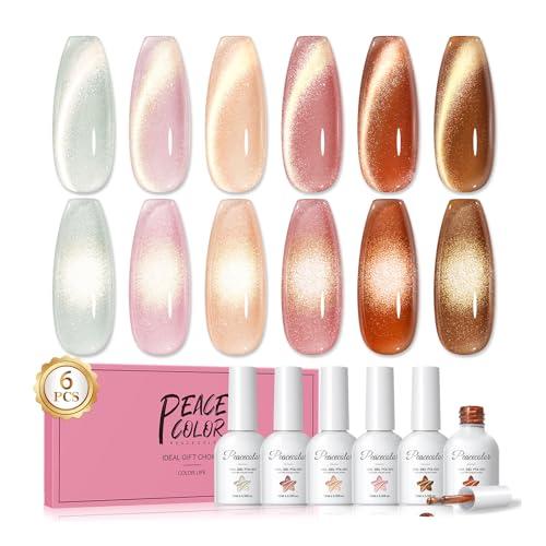 PEACECOLOR Brown Cat Eye Gel Nail Polish Set, 6pcs10ML Brown Red Milky Pink Nude Fall Jelly Gel Manicure Kit Nail Art DIY at Home Gifts for Women