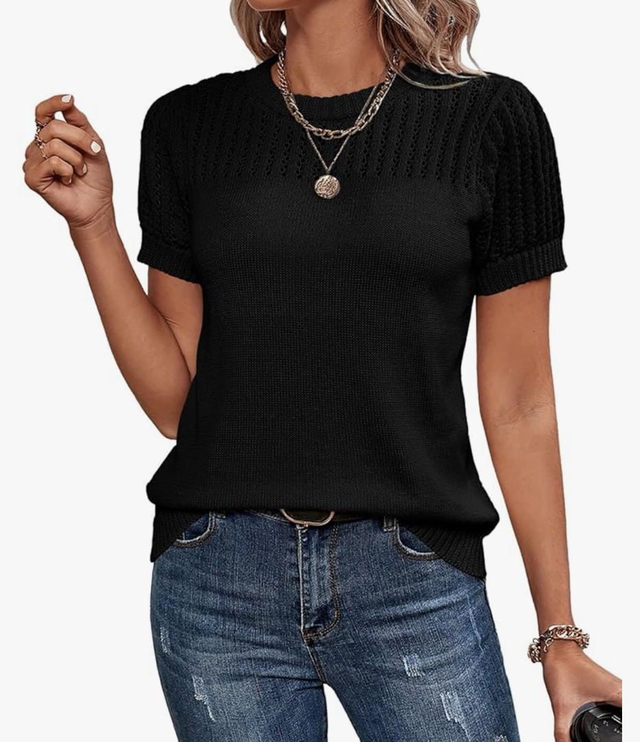Dokotoo Womens Summer Tops Dressy Casual Crewneck Short Sleeve Shirts Solid Hollow Out Knit Loose Sweater Blouses M, Blue