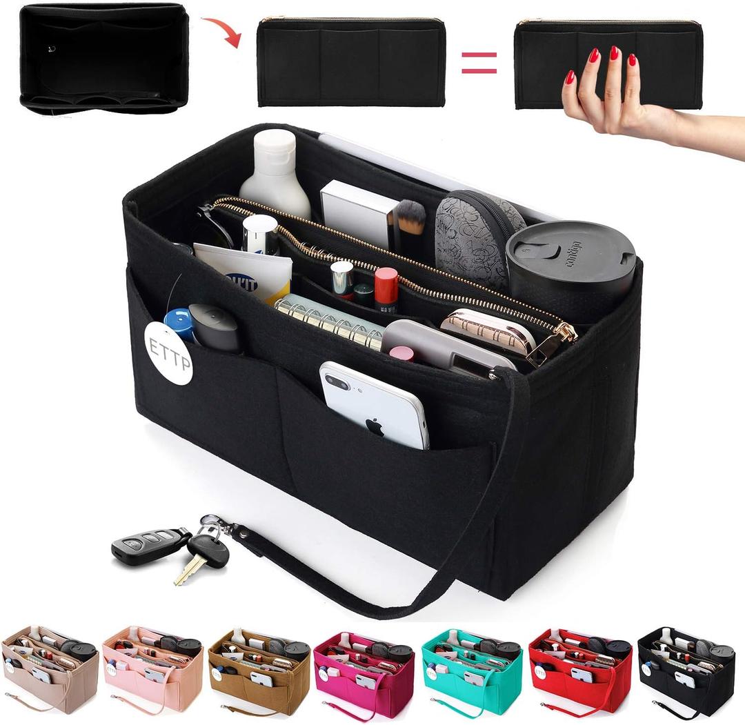 Purse Organizer Insert, Felt Tote Organizer Insert With Metal Zipper, Handbag Organizer For Speedy, Neverfull, Tote, Handbag, 7 Colors 5 Sizes (Large, Black)