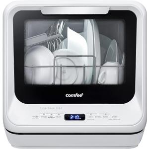 COMFEE' Portable Dishwasher Countertop with 5L Built-in Water Tank, No Hookup Needed, 6 Programs, 360 Dual Spray, 192 High-Temp& Air-Dry Function, Mini Dishwasher for RVs, White