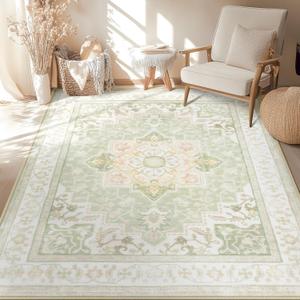 BESTSWEETIE 5x7 Area Rugs for Living Room, Washable Ultra Soft Boho Vintage Print Pattern Rug Non Slip Low Pile Carpet for Dining Room Bedroom Entryway Indoor-Light Green