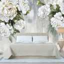 Vintage Floral Wallpaper Bedroom Hand-Painted White Peonies Flowers Wall Mural Children's Room (Not Peel and Stick) (106" x 70", Art Wall-63)