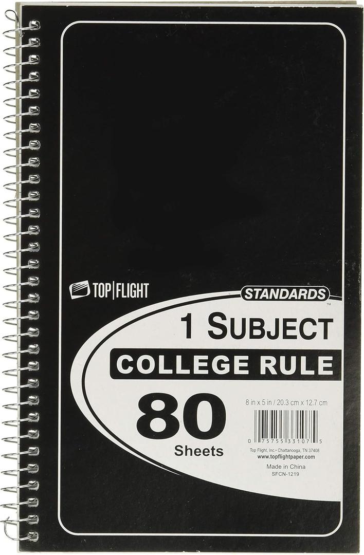 Top Flight Standards 1-Subject Wirebound Notebook, No Holes, 80 Sheets, College Rule, 8 x 5 Inches, 1 Notebook, Color May Vary (33107)