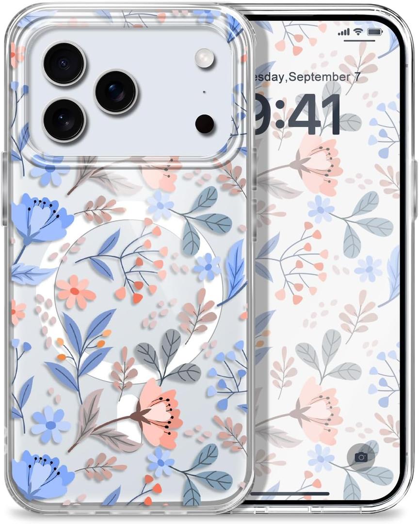 for iPhone 17 Pro Max Case, Ultra Thin Magnetic Hard Clear Compatible with MagSafe for iPhone 17 Pro Max Phone Cover 6.9 inch, Flower Branch