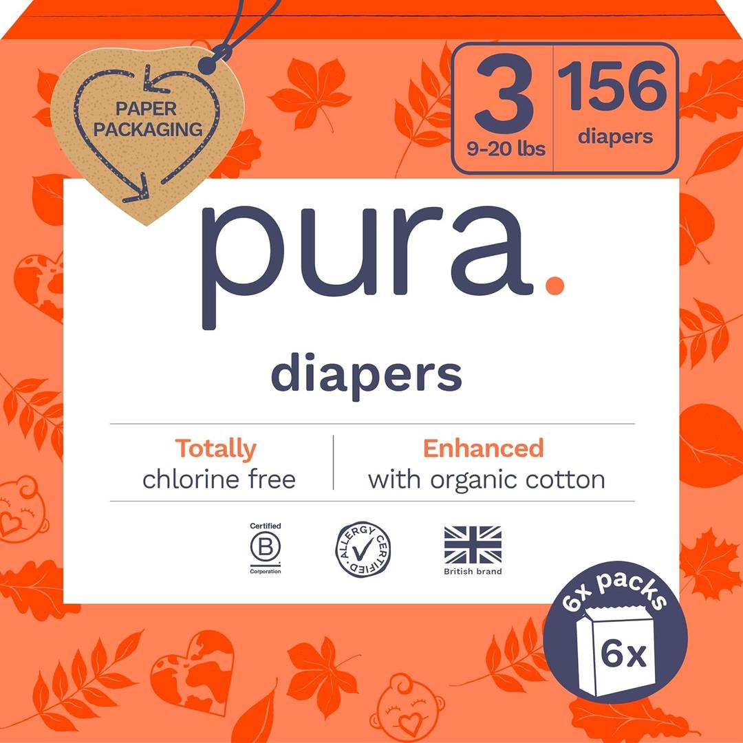 Pura Hypoallergenic Diapers, Size 3 (9-20 lbs) Monthly Pack, Overnight, up to 12 Hours Leak Protection, Suitable for Sensitive Skin, TCF, Super Soft Organic Cotton, 6 Packs of 26 (156 Baby Diapers)