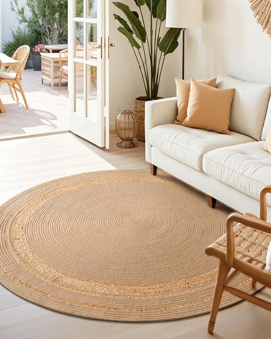 DEXI Round Jute Rug Natural Fiber 5x5, Braided Woven Area Rugs No Shed, Soft Neutral Rustic Carpet Mat for Indoor Outdoor Patio Dining Living Room Bedroom Farmhouse, 5ft, Beige/Natural