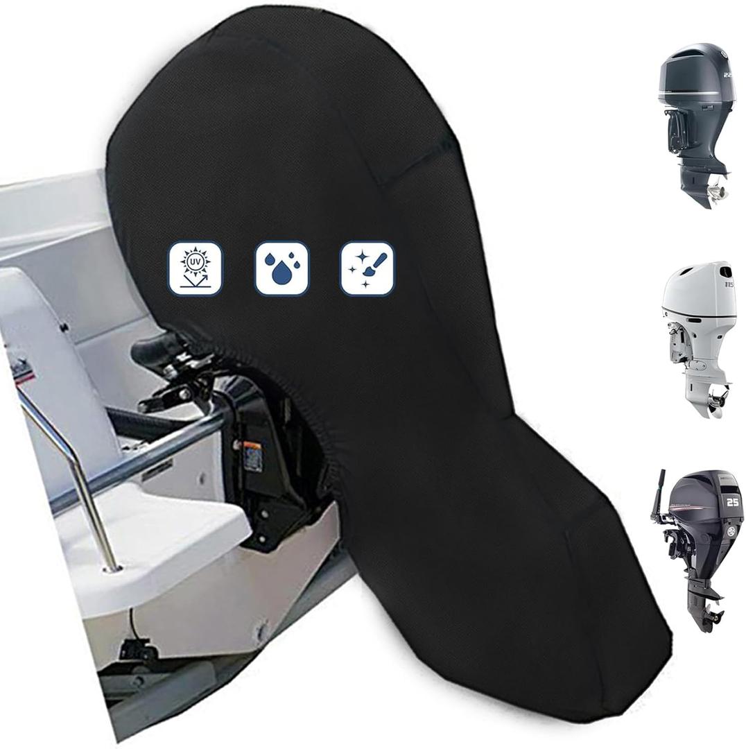 FLYMEI Outboard Motor Cover Fit 60-90 HP Motor, Waterproof Full Boat Motor Cover 600D Heavy Duty Oxford Fabric with PU Coating, Windproof Outboard Engine Hood Cover with Zipper, Universal, Black