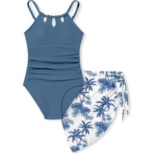 KANGKANG Girls Swimsuit Quick Dry Cut Out One Piece Swimsuits with Tropical Print Cover Up Skirt Bathing Suit Swimwear 7-18Y (13-14 Years, Dark Blue-1)