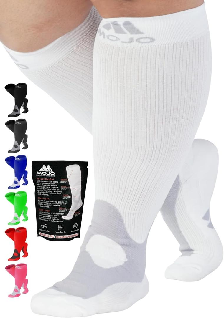 Mojo Unisex Medical Compression Socks 20-30mmHg  Knee High for Pain & Swelling, A601 (6X-Large, White)