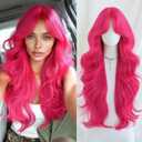 7JHH WIGS 31IN Rose Pink Long Wavy Wig With Bangs for Women,Heat Resistant Fiber Hollween Curly Cosplay Party Wigs for Women Used