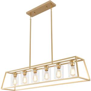 6-Light Gold Chandeliers for Dining Room | Modern Kitchen Island Light Fixture | Rectangle Chandelier for with Clear Glass Shade | Apply to Dining Room Light fixtures Over Table