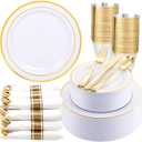 350Piece Gold Dinnerware Set for 50 Guests - Gold Plastic Plates with Disposable Cutlery Include:50Dinner Plates-50Dessert Plates-50Pre Rolled Napkins with Silverware for Father's Day (White and Gold - Modern)