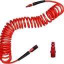 1/4 in x 25 ft Polyurethane Recoil Air Hose with Bend Restrictors Compressor Hose with 1/4" Industrial Universal Quick Coupler and I/M Plug Kit, Red