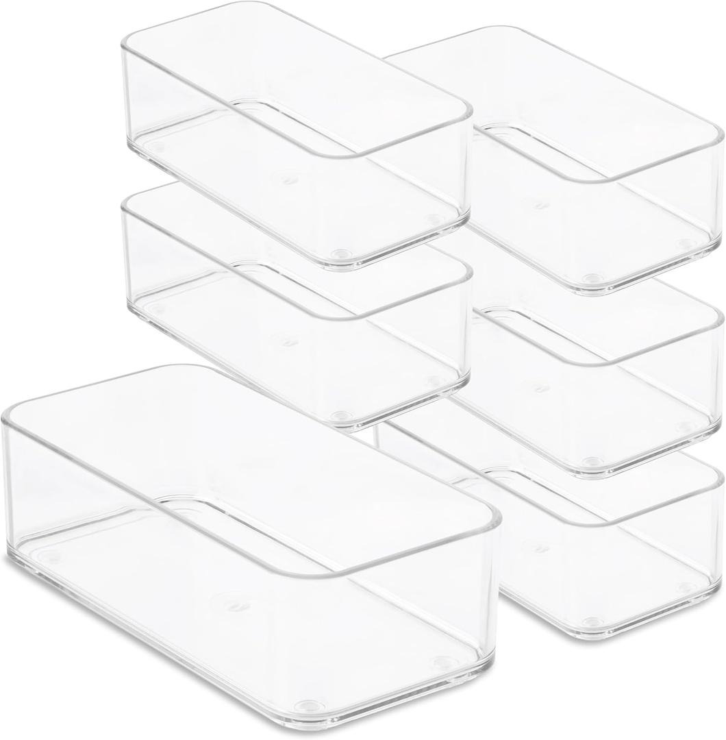 primebox Plastic Clear Drawer Organizers. Bathroom, Kitchen, Bedroom, Nail Polish, Office Organizer Bins, Storage Trays. Heavy Duty, Stackable. 6" x 3" x 2" Set of 6