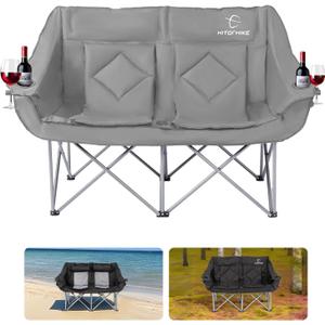 HITORHIKE Camping Chair Heavy Duty Oversized Folding Single Double All Season Design with Cup Holder for Camping, Picnic, Beach (Grey, Double)