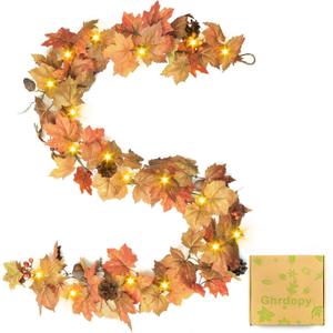 6 Ft Artificial Fall Garland with Lights - Autumn Maple Leaf f Thanksgiving Decor Hanging Vine Autumn Foliage Garland Used for Home Wedding Party Decor (Classic Autumn Colors)