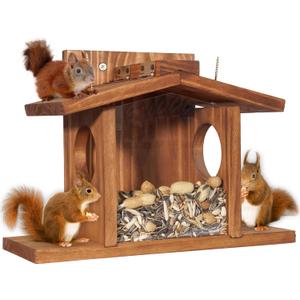 MIXUMON Wood Squirrel Feeder, Squirrel Feeders for Outside Winter, Wooden Chipmunk Feeder for Corn, Peanuts, Durable Box Easy to Fill with Removable Front Panel (Style 2)