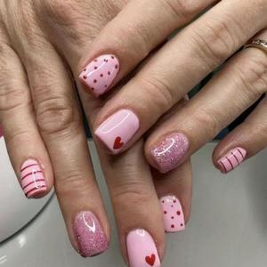 Valentines Press on Nails Polka Dot Fake Nails Short Square Nails Press Ons with Heart & Glitter Designs Stick on Nail Holiday Glossy Glue on Nail Full Cover Manicure for Women 24Pcs
