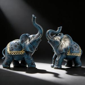 Blue Thai Couple Elephants Figurines Statues Elephant with Trunk Up Gifts for Desktop Decoration Home Crafts Ornament