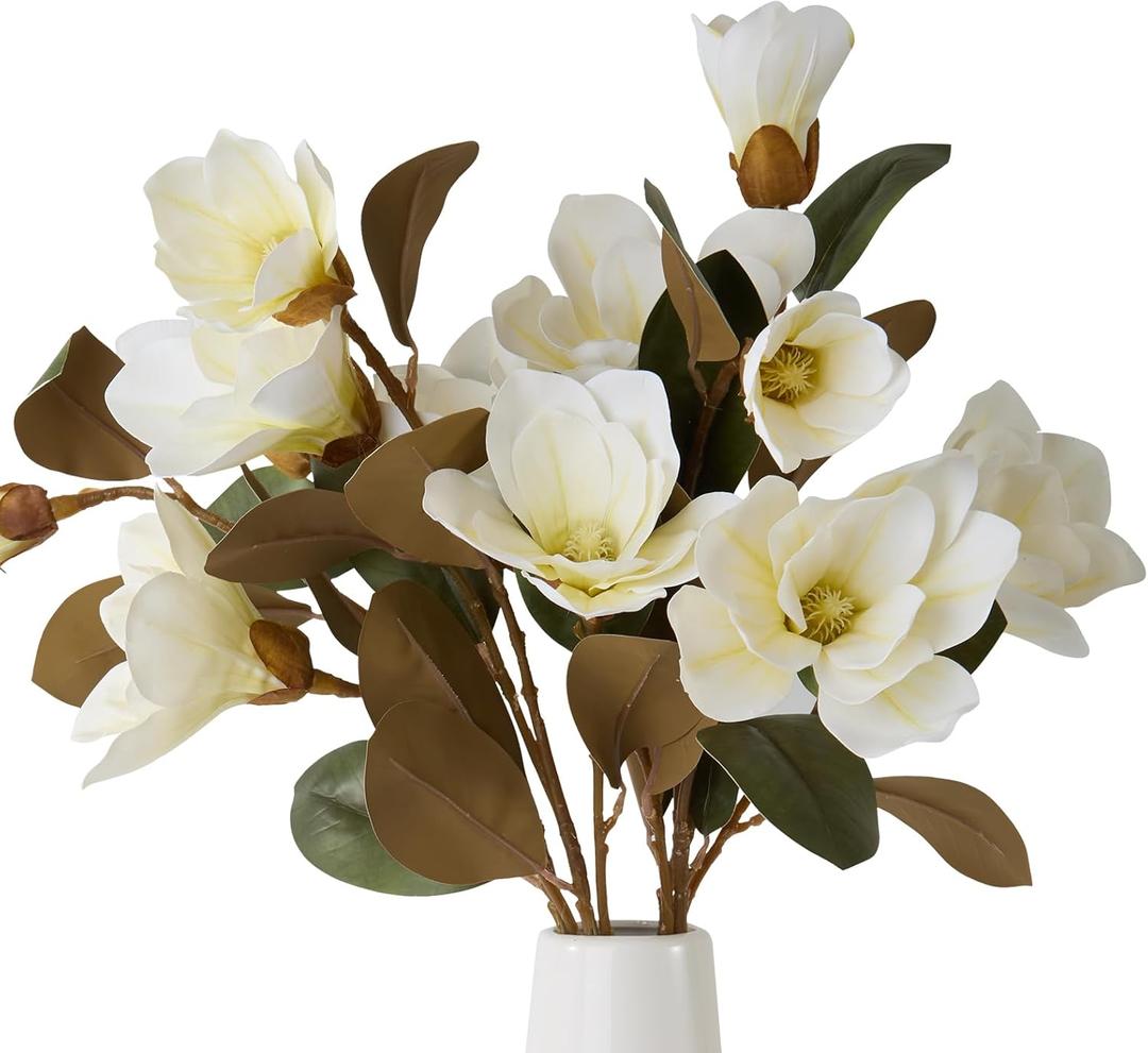 2PCS 32.2inch Artificial Magnolia Flowers 3D Real Touch 6 Heads Faux Magnolia Flower Bouquets Realistic Long Stem with Green Leaves for Home Wedding Table Office Floral Arrangement Decoration (White)