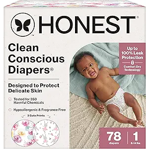 The Honest Company Comfort Dry Disposable Diapers for Sensitive Skin, Hypoallergenic, Rose Blossom + Tutu Cute, Club Box Size 1 (8–14 lbs), 78 Count